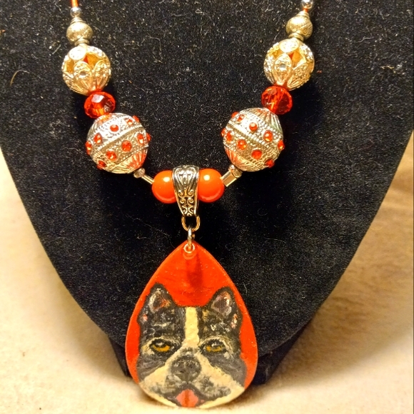 Handpainted,handmade red leather wood teardrop Boston terrier breed necklace . - Picture 1 of 2